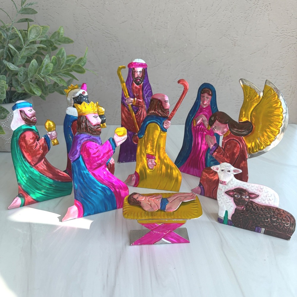 Vintage Mexican Tin Nativity Set 9 Piece Hand Painted Folk Art Jewel Tone Metal
